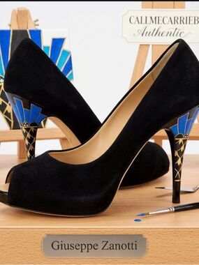 🛍️ Giuseppe Zanotti Black Suede Pumps with Blue & Gold Patterned Heels